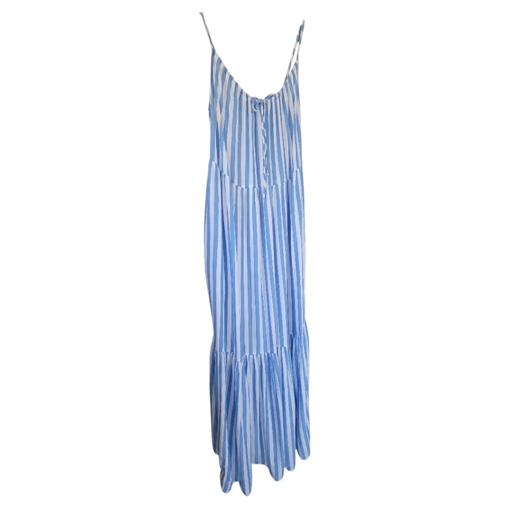 Old Navy Blue White Striped Tiered Coastal Boho Long Maxi Swing Dress Large - Picture 8 of 16